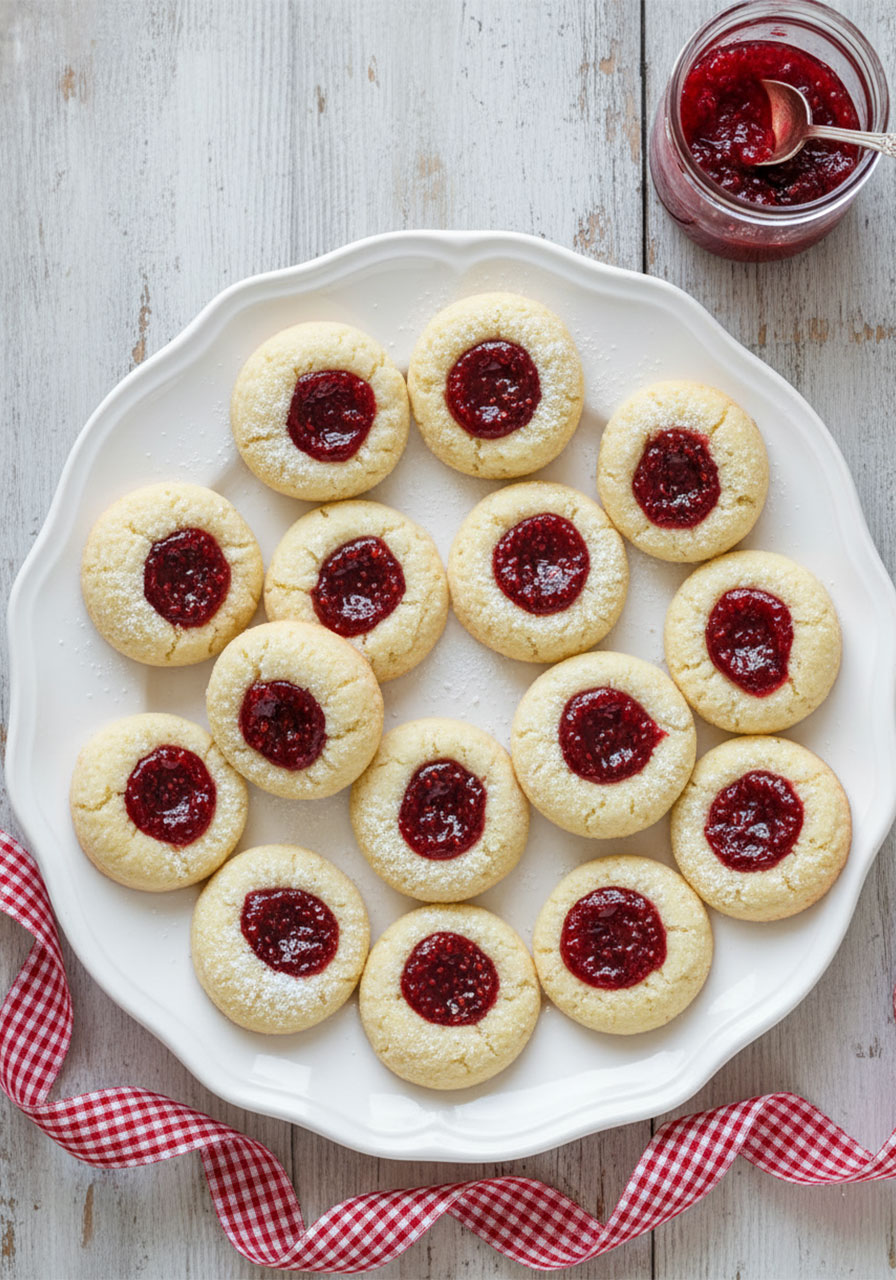 Overhead view of vegan thumbprint cookies with raspberry jam on white serving plate for gifting