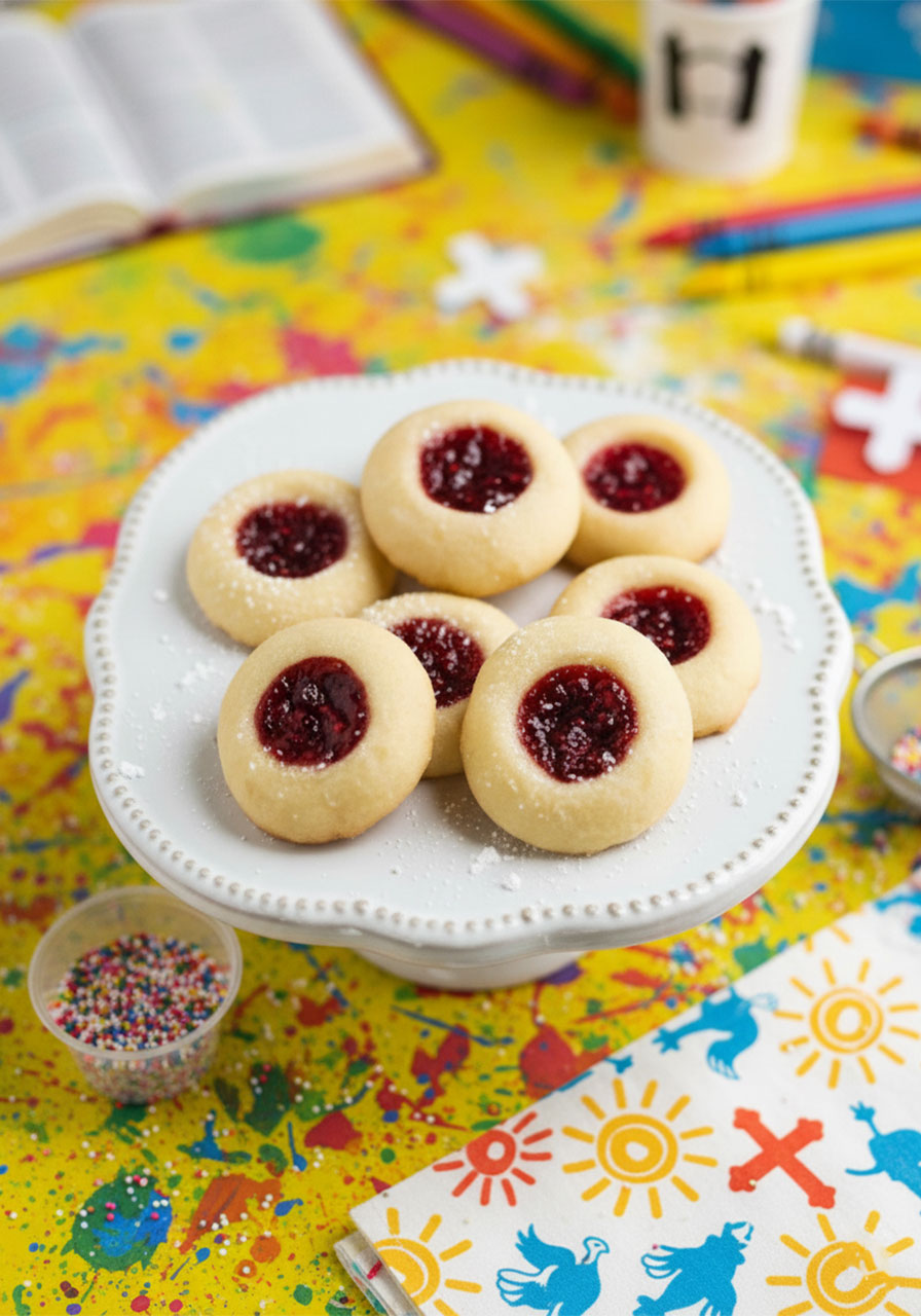 Vegan thumbprint cookies with raspberry jam on white cake stand dusted with powdered sugar