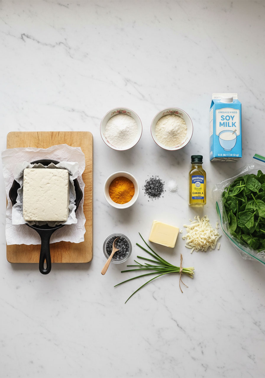All ingredients for vegan tofu omelette including tofu, rice flour, kala namak, spinach and plant-based butter arranged on marble surface