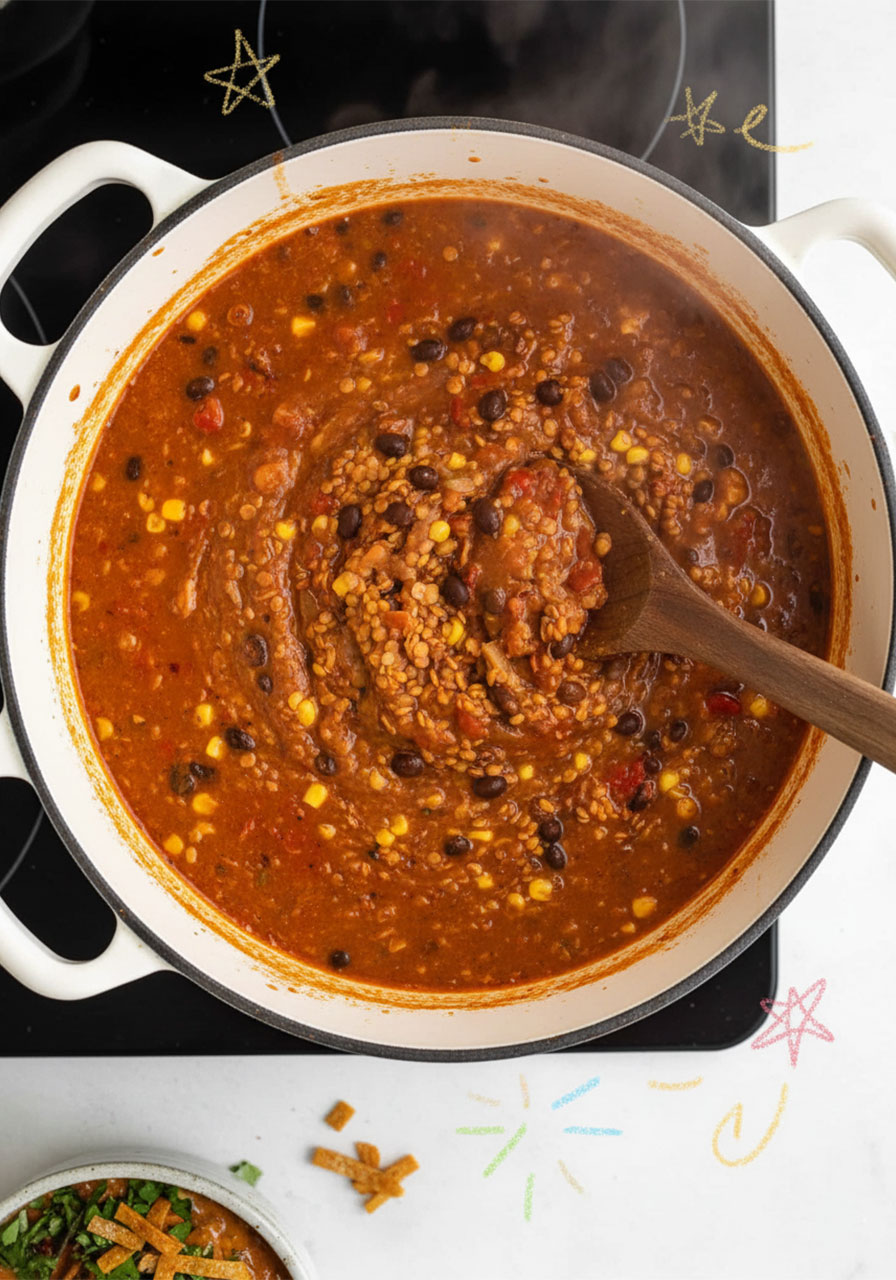 All vegan tortilla soup ingredients combined in a Dutch oven before simmering — red lentils, black beans, corn, tomatoes, and broth