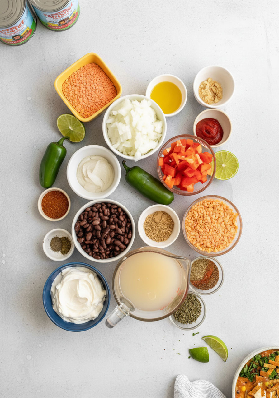 All ingredients for vegan lentil tortilla soup laid out flat including red lentils, black beans, fire roasted tomatoes, spices, cashew cream, and vegetables