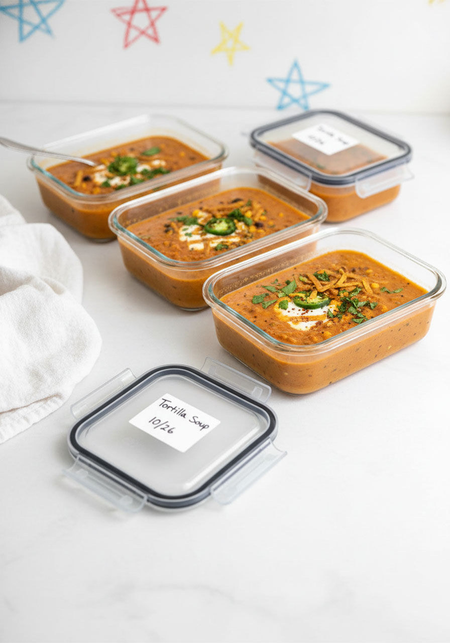 Four glass meal prep containers filled with vegan lentil tortilla soup portioned and labeled for fridge and freezer storage