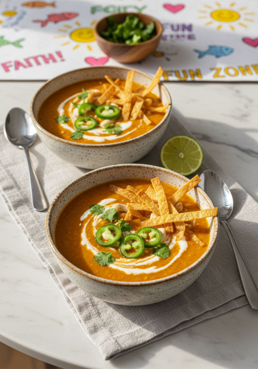 Two bowls of creamy vegan lentil tortilla soup with toppings on a cozy dining table — a hearty high-protein plant-based dinner