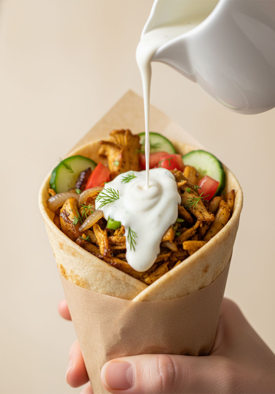 Creamy vegan tzatziki sauce being drizzled over oyster mushroom gyros wrap — easy plant-based dinner recipe
