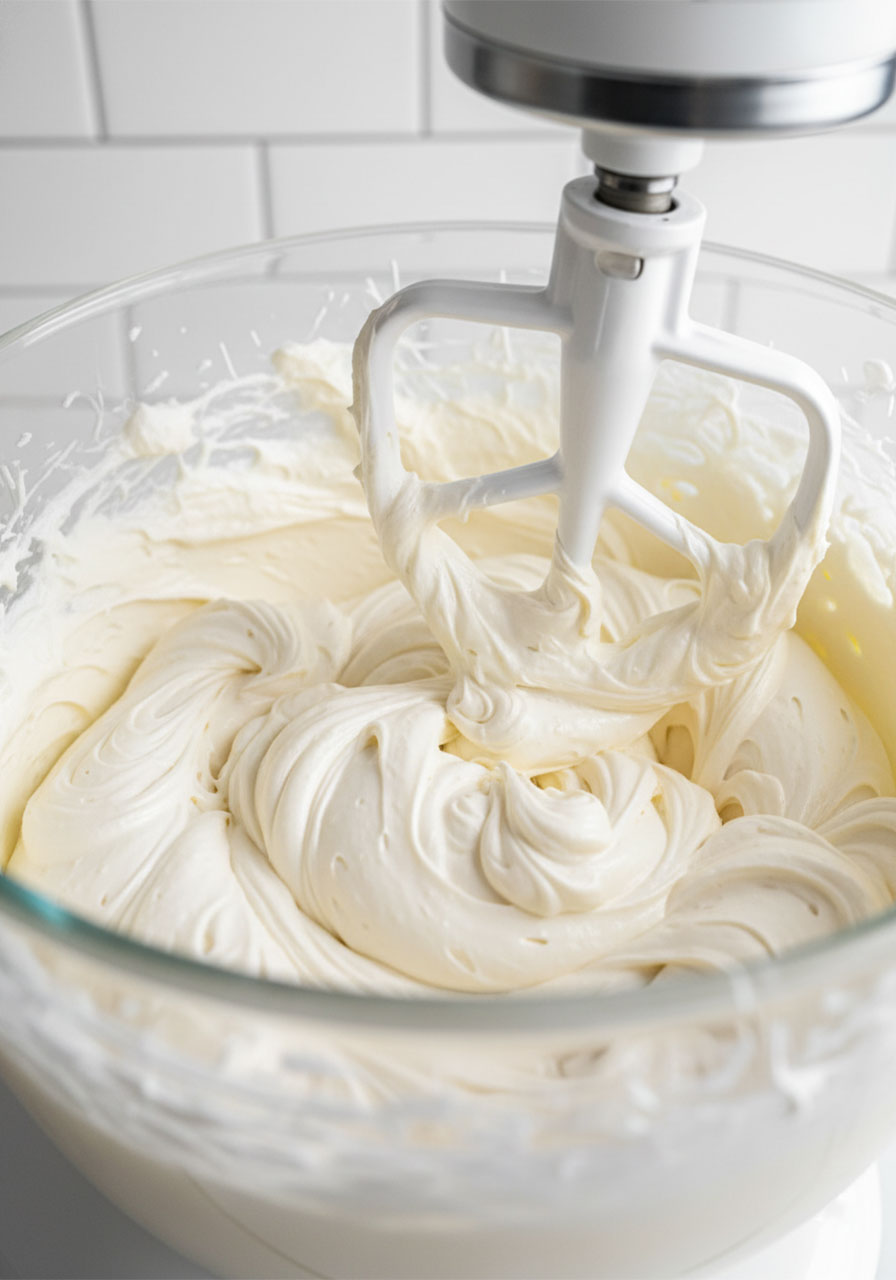 Fluffy white vegan vanilla buttercream frosting whipped in a stand mixer glass bowl showing light airy peaks and smooth texture