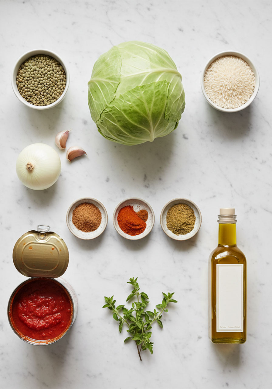 All ingredients for vegetarian stuffed cabbage rolls laid out flat including lentils, rice, cabbage, tomatoes and spices