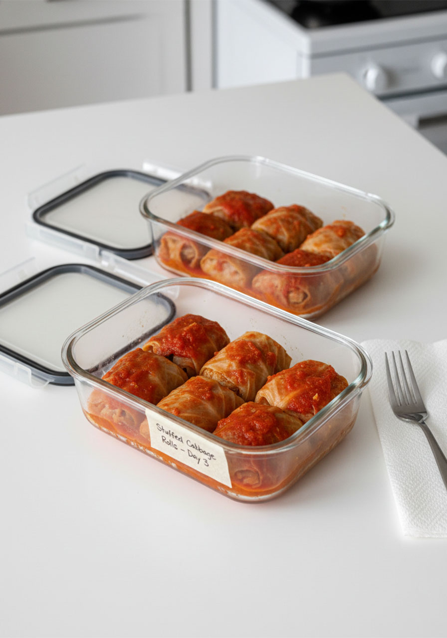 Vegetarian stuffed cabbage rolls stored in glass meal prep containers for weekly meal prepping