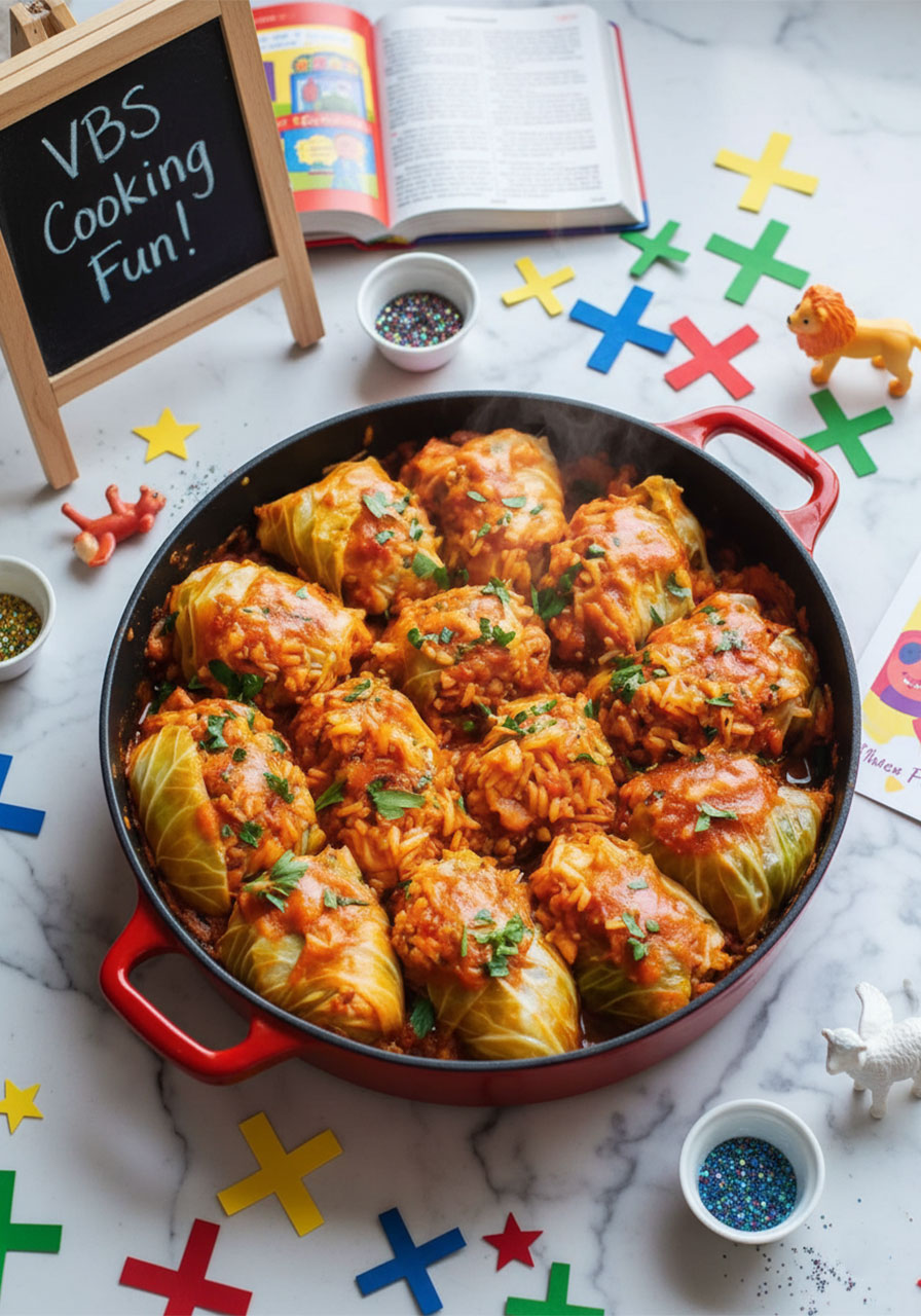 Vegetarian stuffed cabbage rolls with lentil and rice filling in red tomato sauce, served in a cast iron pan