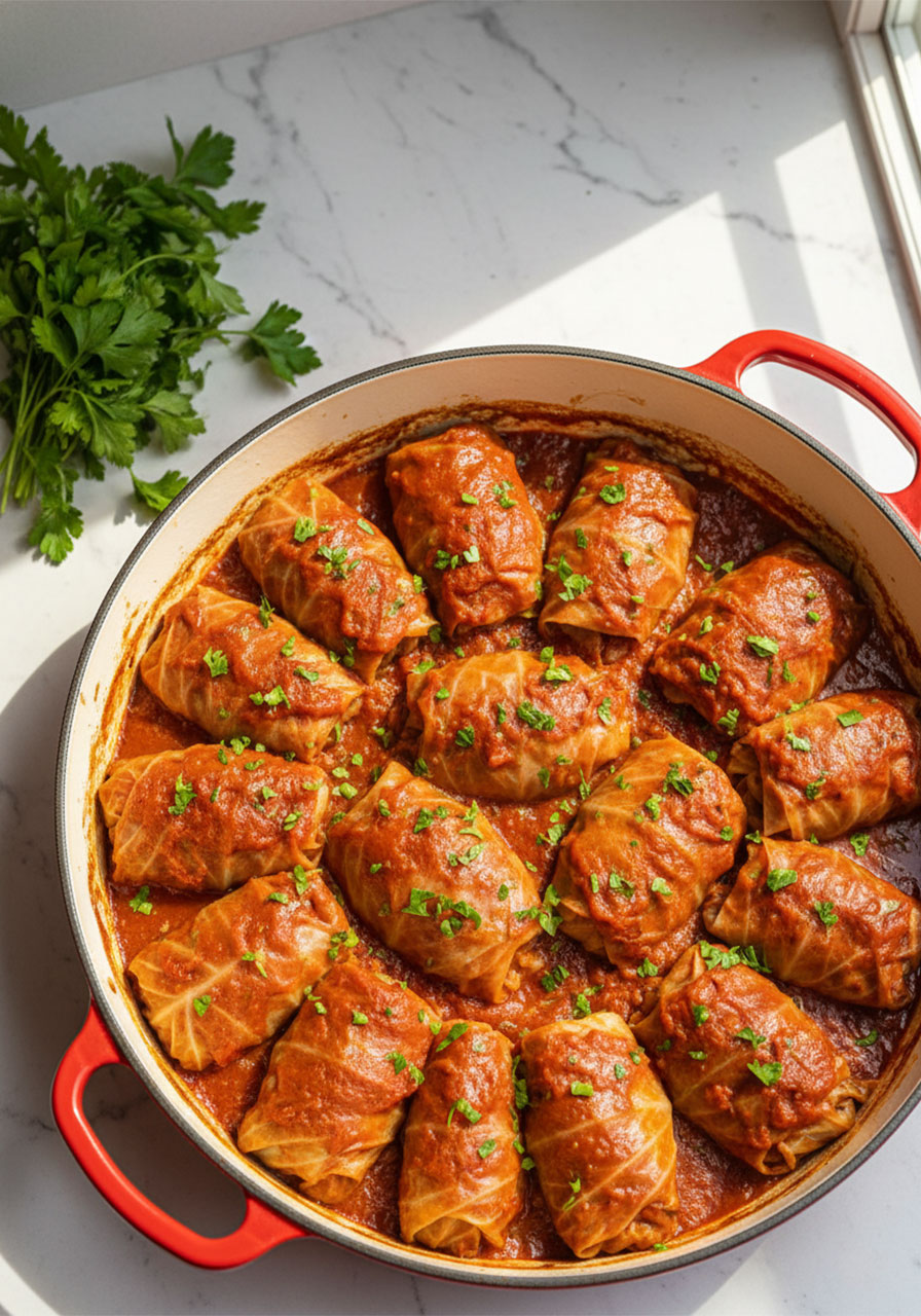 Vegetarian stuffed cabbage rolls recipe pin showing lentil rice rolls in tomato sauce in a red cast iron pan