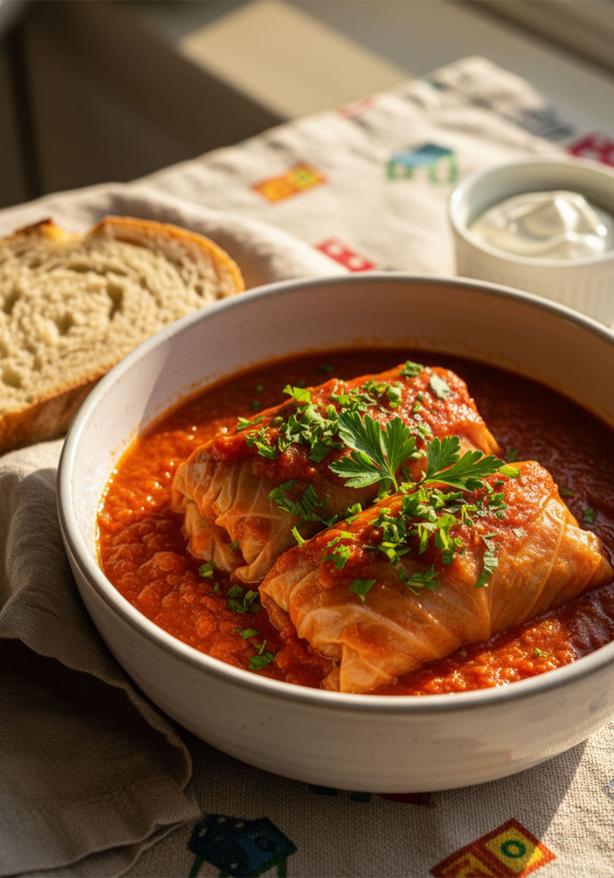 Bowl of vegetarian stuffed cabbage rolls in tomato sauce garnished with parsley served with crusty bread and vegan sour cream