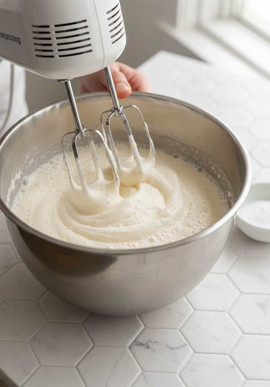 Electric hand mixer whipping aquafaba to semi-stiff peaks in stainless steel bowl for fluffy vegan Japanese pancakes