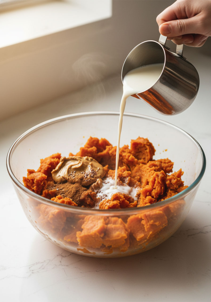 Hand pouring non-dairy milk into a glass bowl with roasted sweet potato, cashew butter, and cinnamon to make a vegan sweet potato breakfast bowl