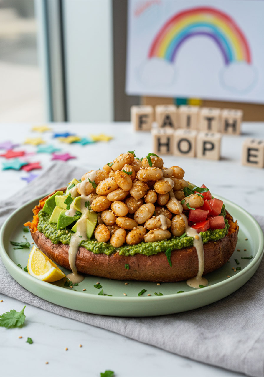 A baked sweet potato loaded with vibrant walnut pesto, crispy white beans, avocado and tomatoes on a green ceramic plate
