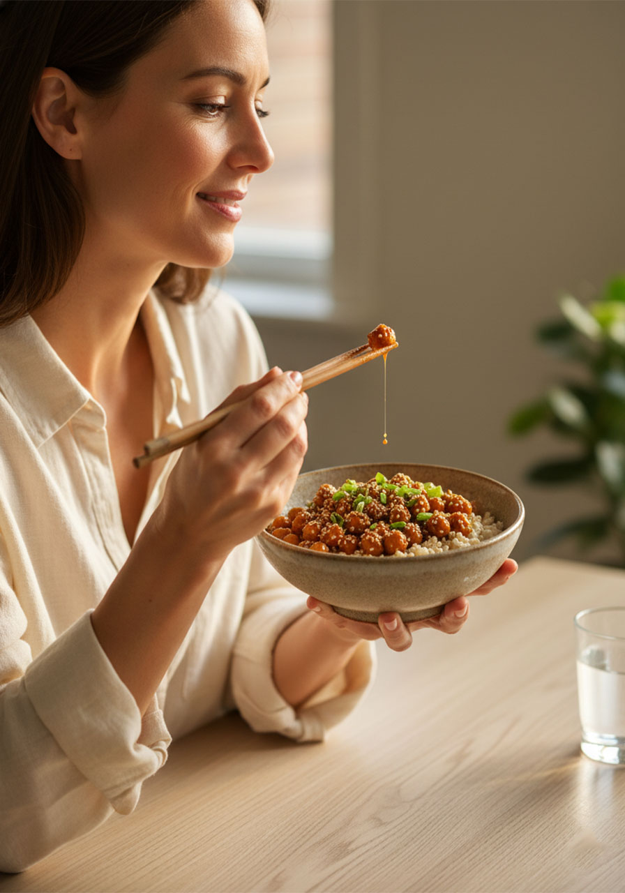 Woman enjoying a bowl of sticky sesame chickpeas for a healthy vegan dinner at home