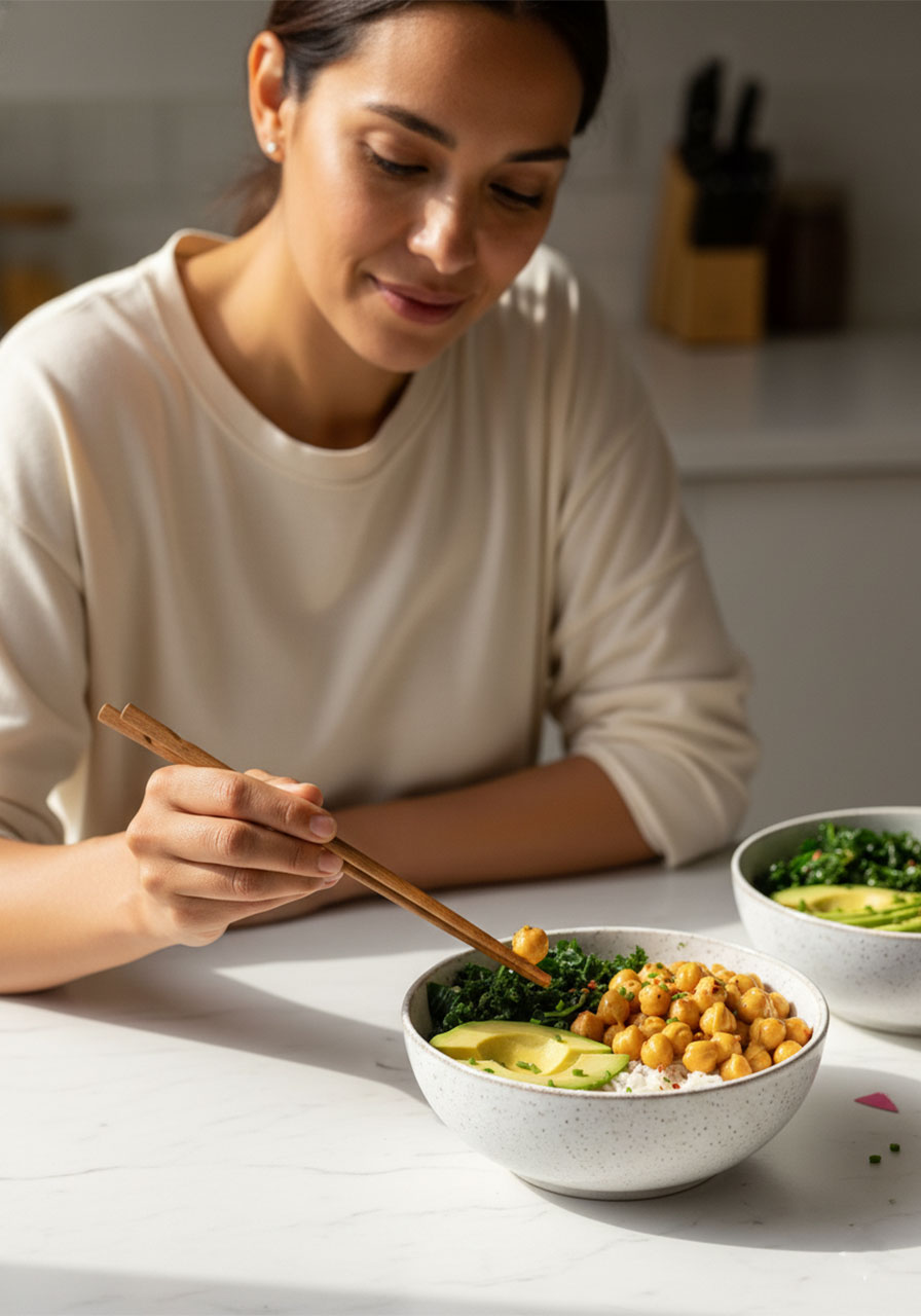 Woman enjoying a healthy high-protein peanut chickpea veggie bowl at a bright kitchen table