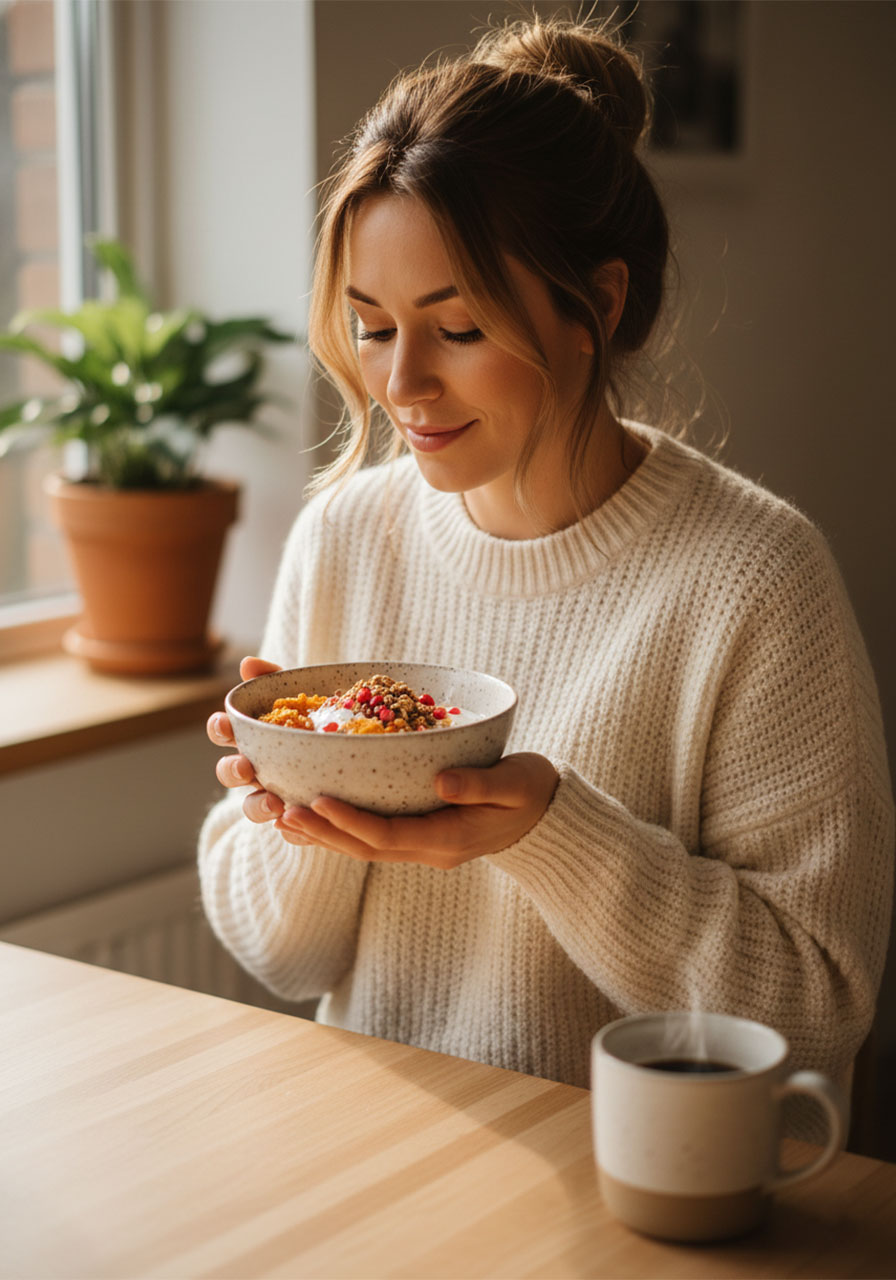 Woman in a cozy sweater holding a sweet potato breakfast bowl at a bright kitchen table during a peaceful morning routine