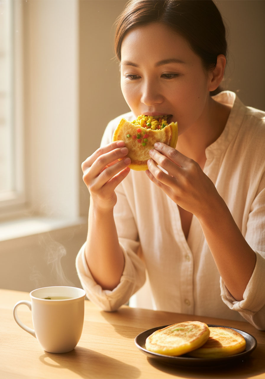 Woman enjoying a golden Chinese savory stuffed vegan pancake at her morning kitchen table with green tea