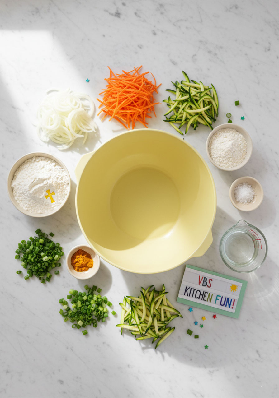 All fresh ingredients for Korean vegetable pancakes including zucchini, carrot, scallions, and batter ingredients laid out flat on a white surface