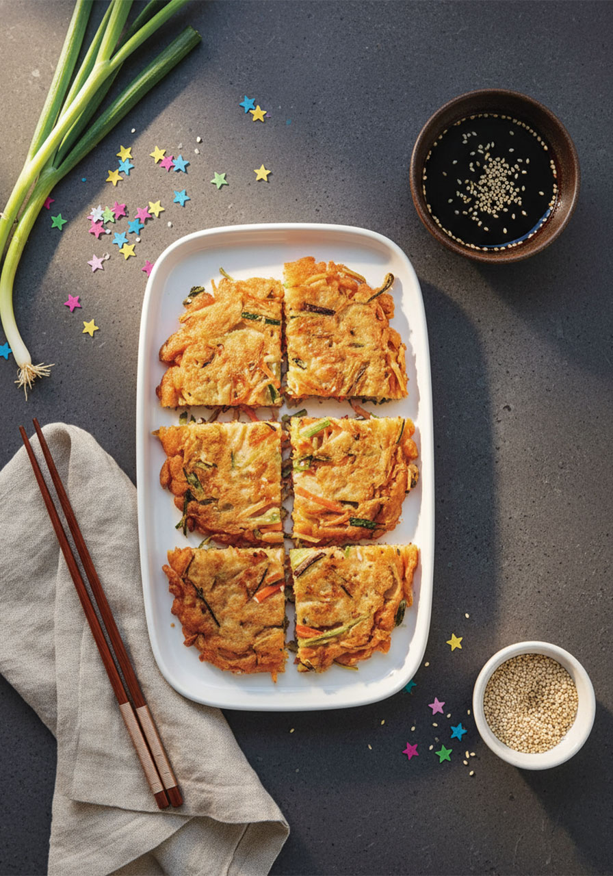 Full serving spread of crispy Yachaejeon Korean vegetable pancakes on a platter with dipping sauce, chopsticks, and fresh scallions