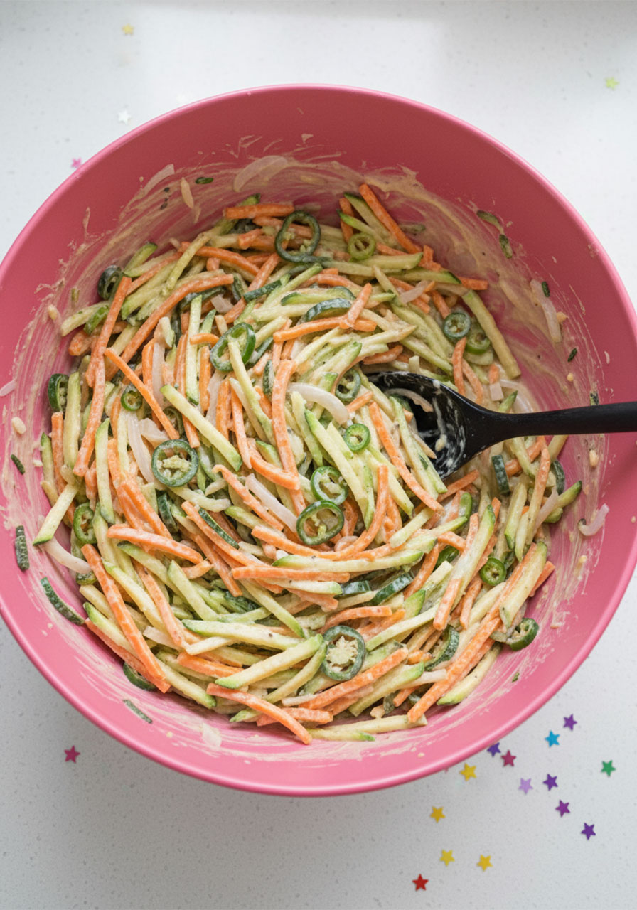 Colorful mixed vegetables including carrot, zucchini, and scallions folded into thick yachaejeon batter in a pink mixing bowl