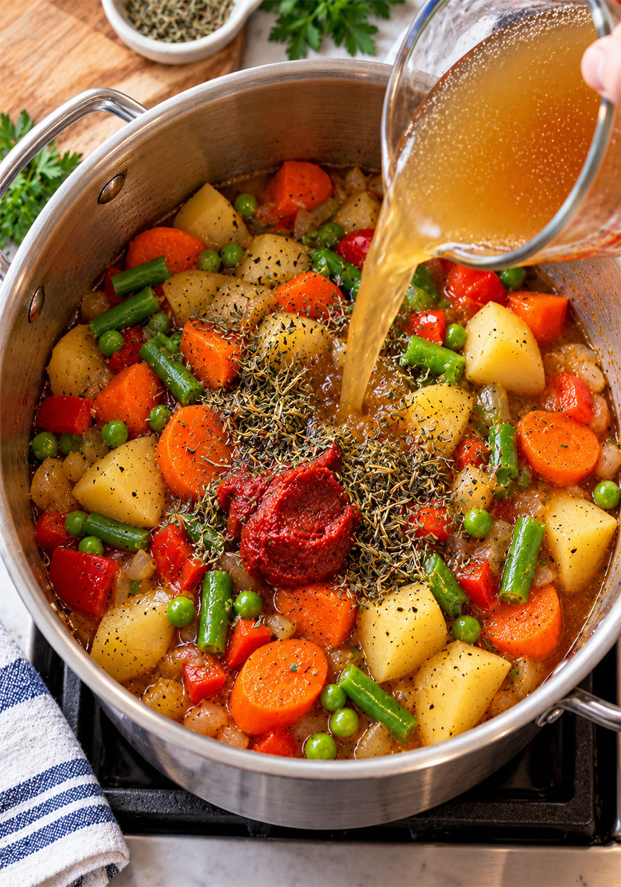Pouring vegetable broth and adding seasoning to Irish vegetarian stew