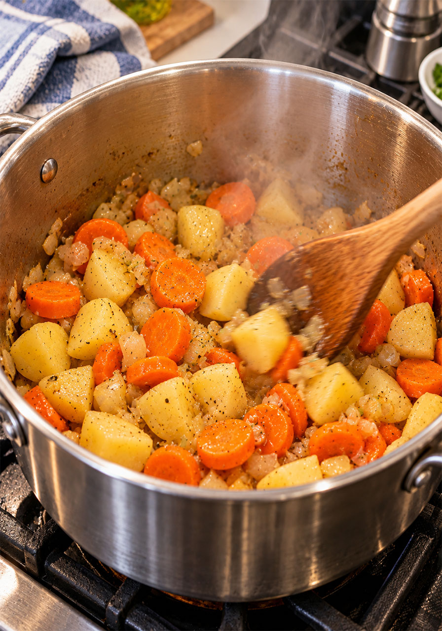 Carrots and potatoes added to pot for Irish vegetarian stew