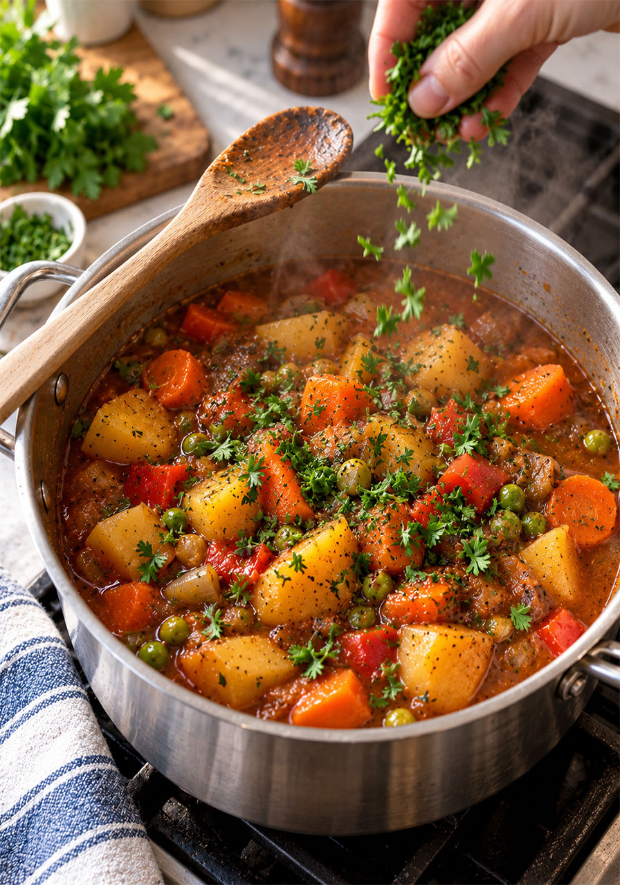 Fresh parsley being sprinkled onto finished Irish vegetarian stew