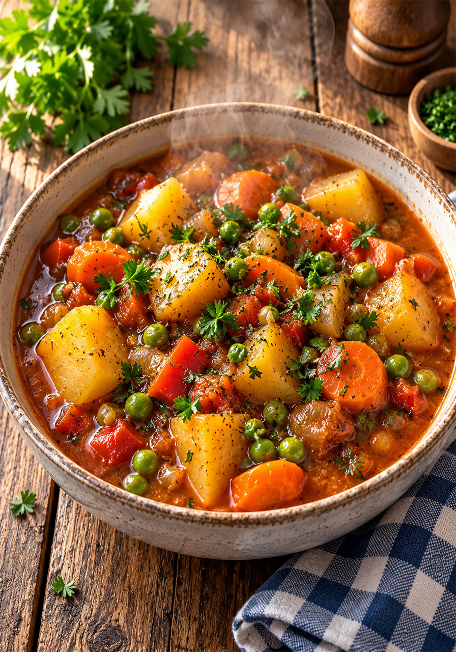 Bowl of hearty Irish vegetarian stew with potatoes, carrots, and parsley garnish