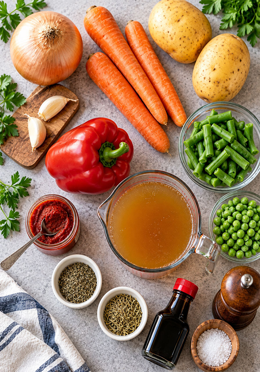 Fresh ingredients for Irish vegetarian stew including potatoes, carrots, and herbs