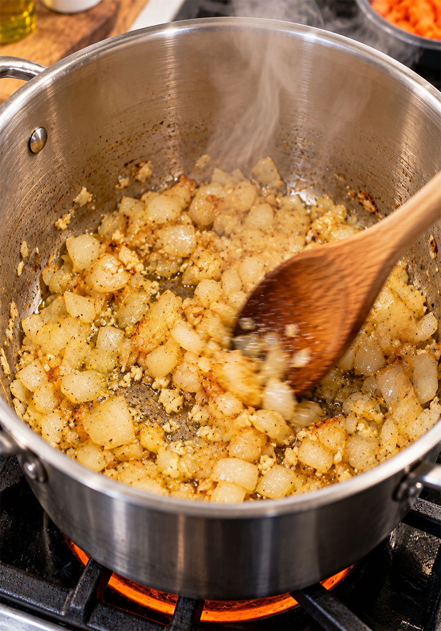 Sautéing onions and garlic in a pot for Irish vegetarian stew