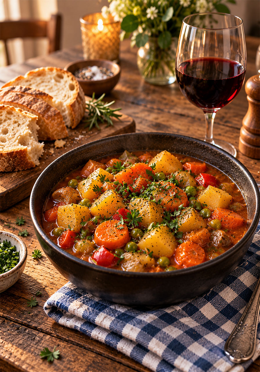 Irish vegetarian stew served with crusty bread and a glass of red wine