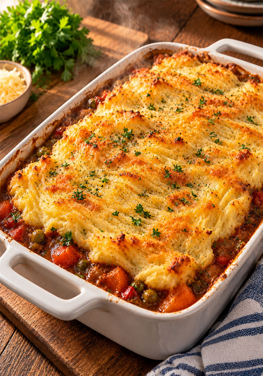 Leftover Irish vegetarian stew turned into a shepherd's pie with mashed potato topping