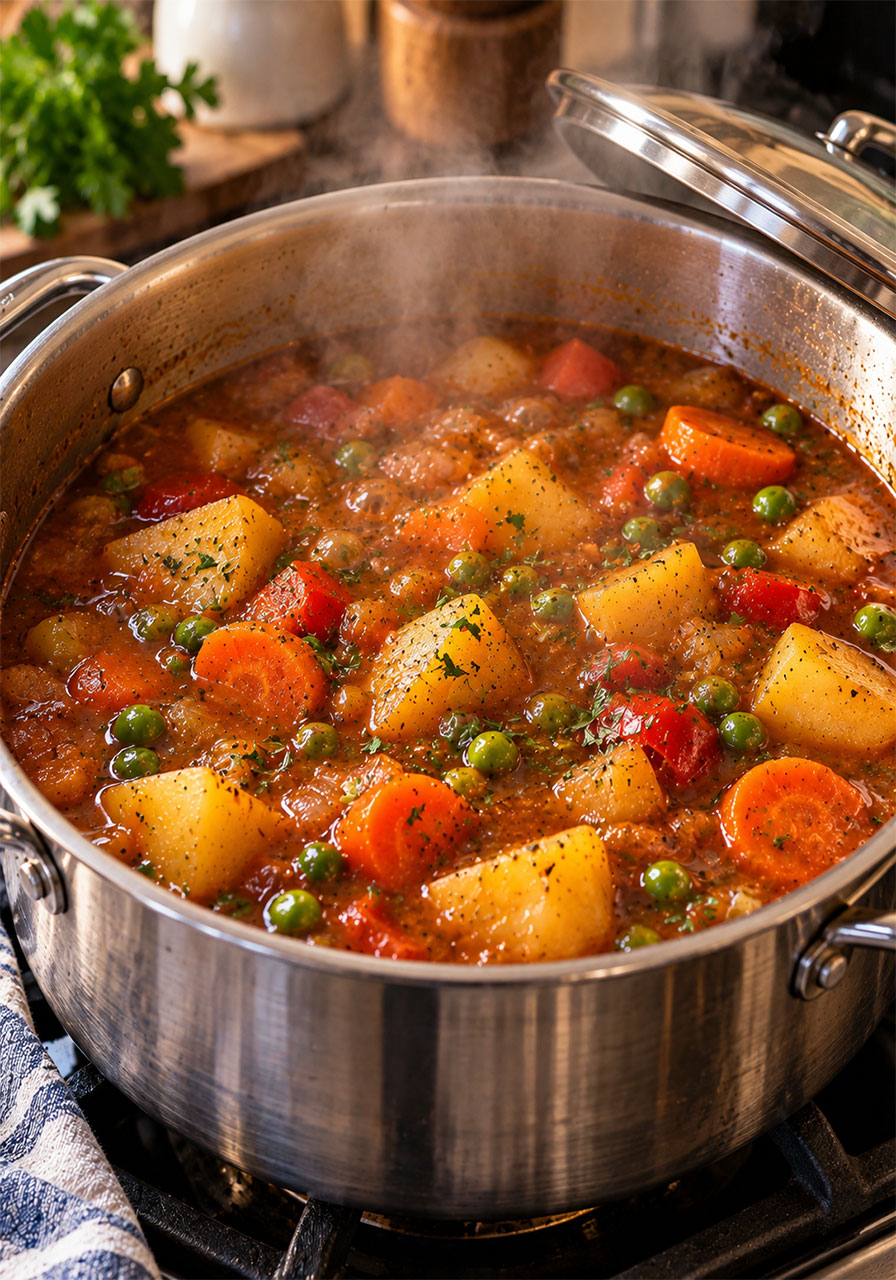 Irish vegetarian stew simmering on the stovetop until vegetables are tender