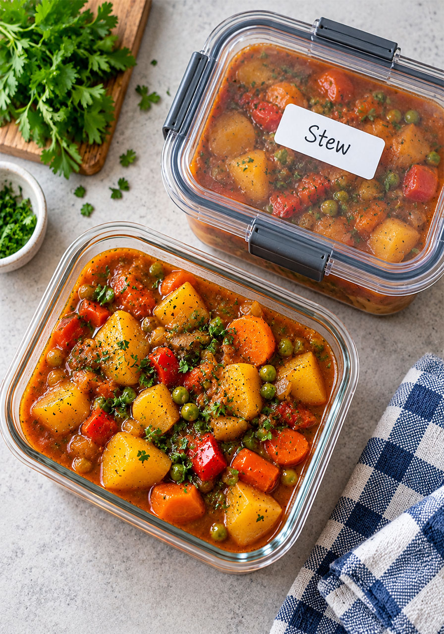 Leftover Irish vegetarian stew stored in airtight glass containers